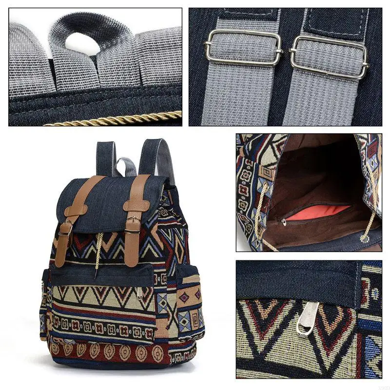X90D Damen Canvas Vintinge Rucksack Ethnischer Rucksack Bohemian Daypack Schultasche