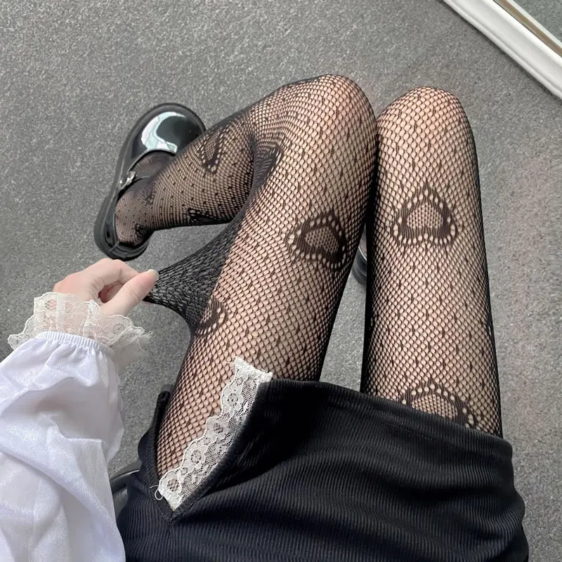 Gothic Black Fishnet Socks Tights Pantyhose Japanese Retro Heart Moon Spider Web Fishnet Lace Bottoming G Stockings for Women