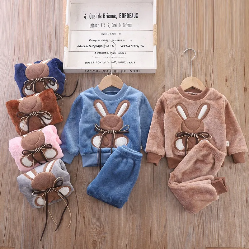 Children Toddler Set Cartoon Rabbit Pajamas Baby Boy Girl Flannel Warm Sleepwear Top+Pants 2pcs Autumn Winter Casual Clothes New