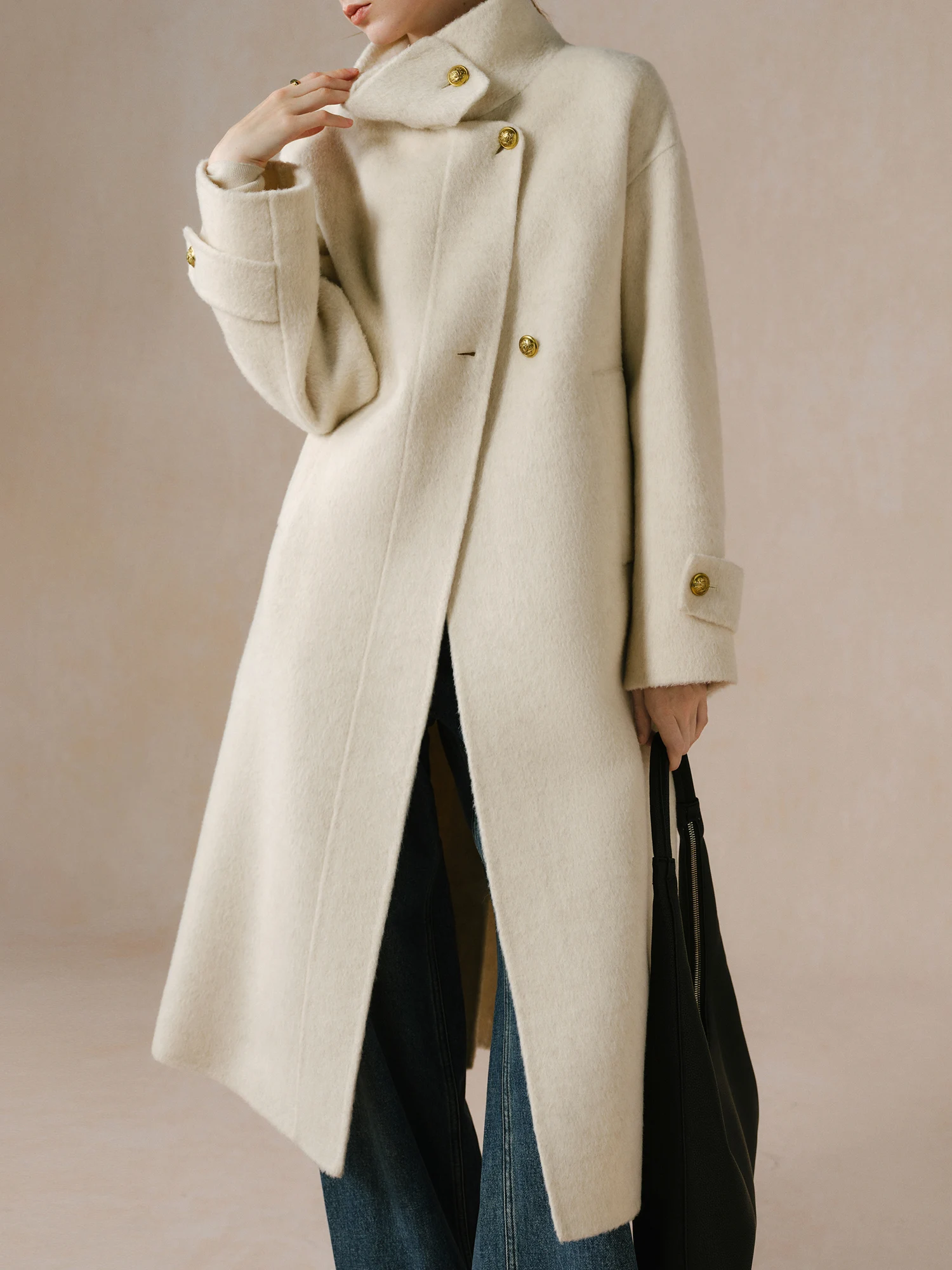 

FSLE【3 Colors】Women Woolen Long Jackets Stand Collar Temperament Beige Simple Wool Coat With Sashes Khaki Plaid Coat 24FS14440