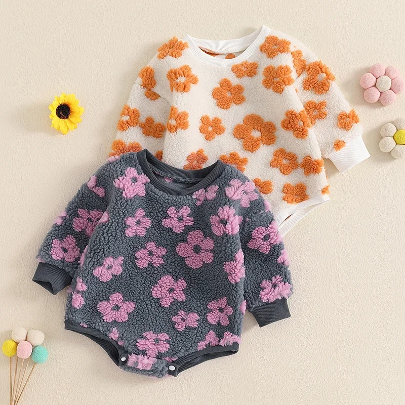 Newborn Autumn Winter Clothes Girls Warm Rompers Clothes Flower Long Sleeve O-neck Loose Sweatshirts Jumpsuits Baby Clothing