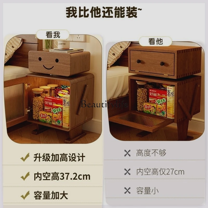 Solid Wood Bedroom Storage Cabinet Living Room Side Robot with Light Bedside Cabinet