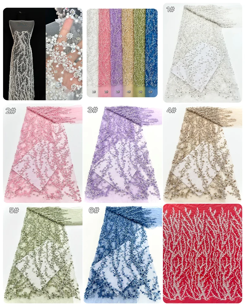 African Nigerian Heavy Beads Lace Fabric French Sequins Mesh Net Lace Fabrics 2025 High Quality Lace Wedding Party Dress Sewing