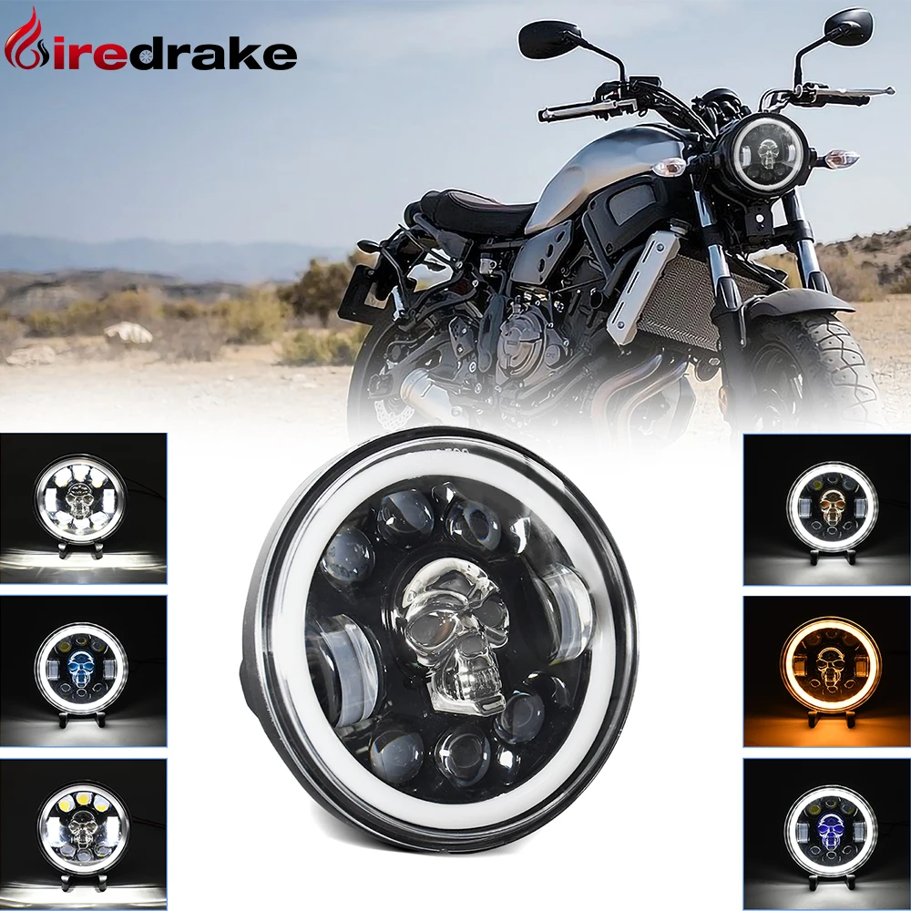 5.75-inch Skull Round Headlights Motorcycle Round Headlights H4 150W 25000LM 6000K 3000K White Near and Far Light Yellow Light