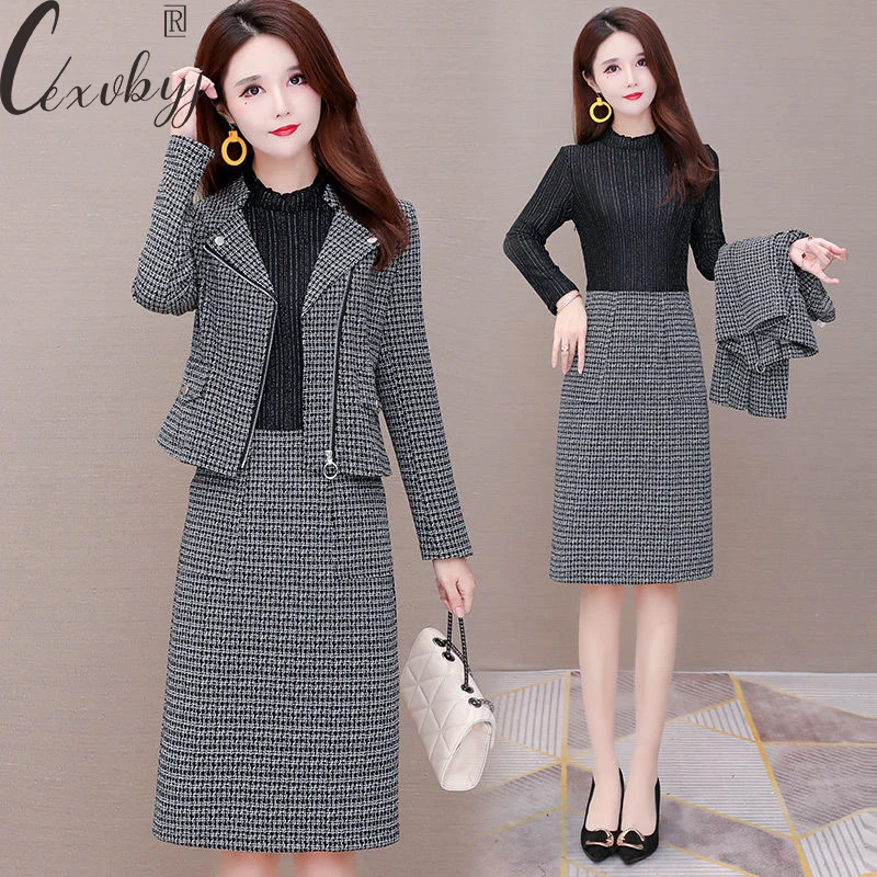 

Lady Office Print Dress Two Peice Set Women Casual Zipper Short Coat+Long Sleeve Dress Plus Size Outfits Women Vintage Fall Suit