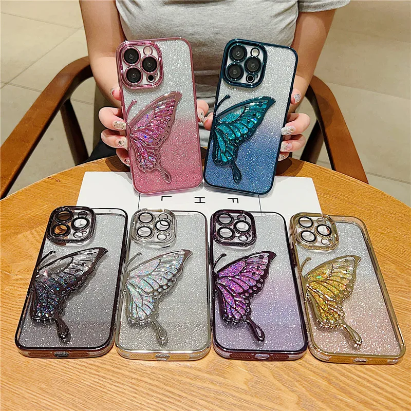 Lovebay Gradient Butterfly Glitter Sparkling Quicksand Case For iPhone 15 14 11 12 13 Pro Max Camera Protective Shockproof Cover