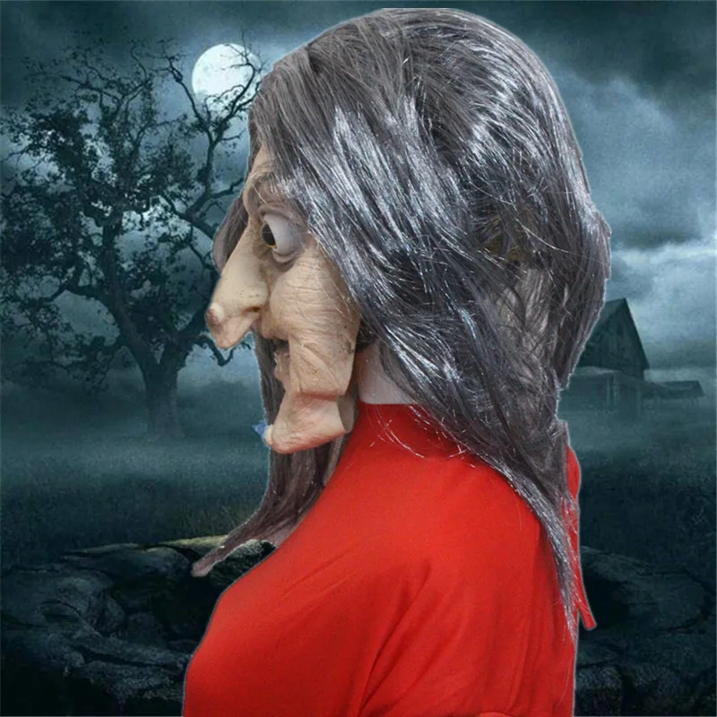 Scary Old Witch Mask Latex with Hair Halloween Fancy Dress Grimace Party Costume Cosplay Masks Props Adult One size