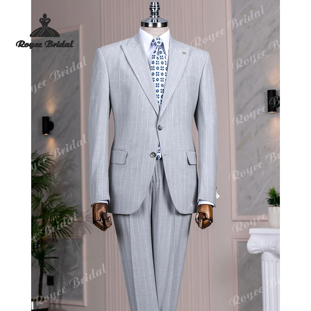 Abito da sposa da uomo monopetto in due pezzi a righe grigie 2026 Abito da sera da lavoro con risvolto a punta Abiti personalizzati para hombre