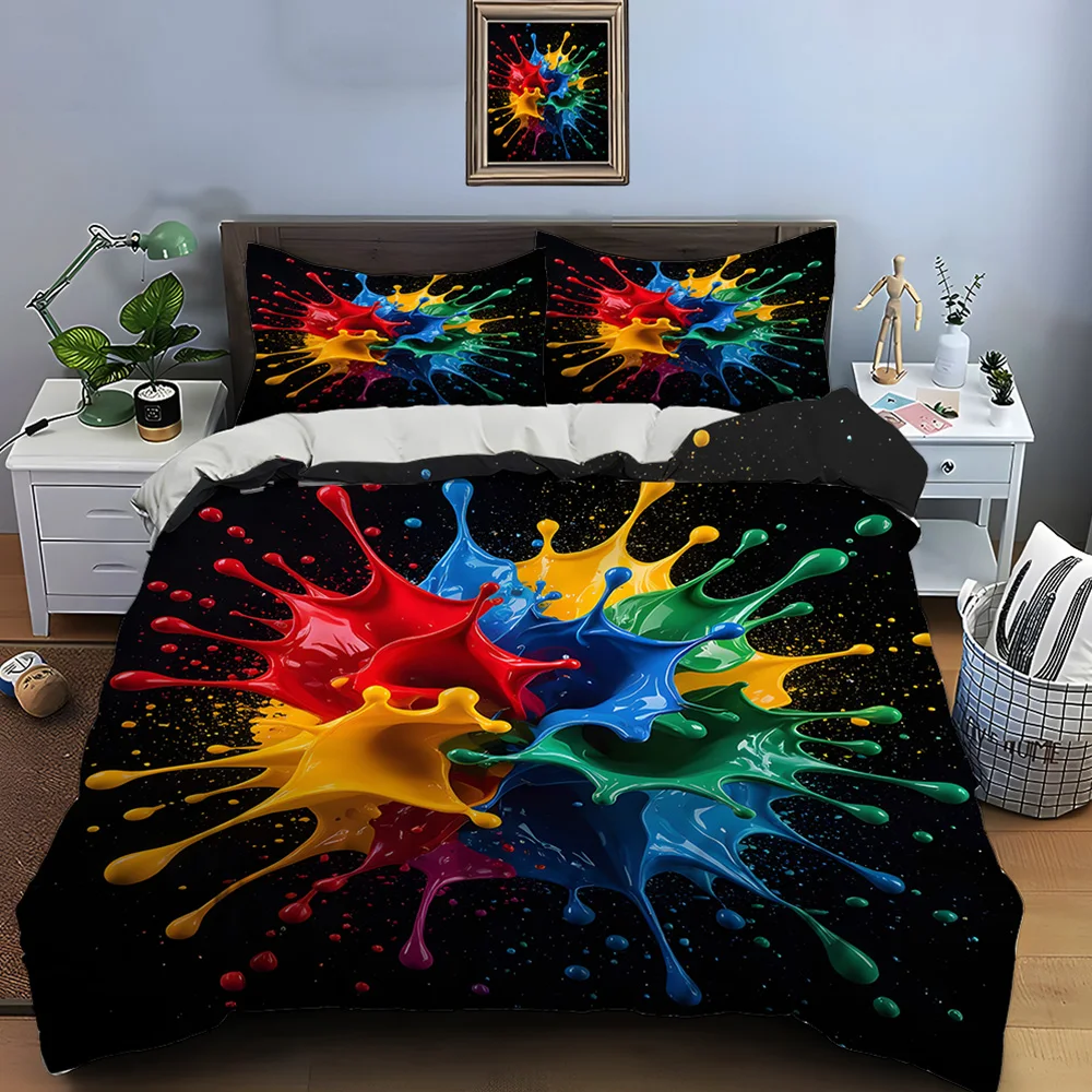 Colorful paint splash artwork Bedding Set for Kids Luxury Gift 3pcs Digital Print Comforter Set Soft Comfortable Breathable