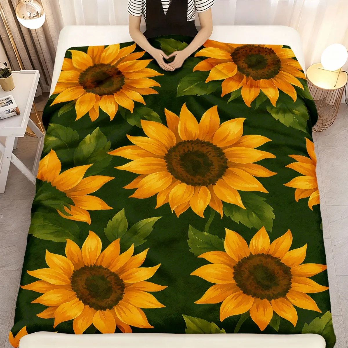 Sunflower Flannel Blanket Super Soft Allseason Cozy Throw with Vibrant Yellow Sunflowers on Dark Background, Contemporary Style