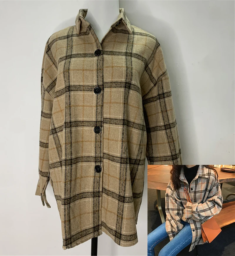 PLAZSON Oversized Plaid Shirt Autumn Winter Women Vintage Long Sleeve Fashion Loose Lapel Shirt Fit Blouse Korean Style