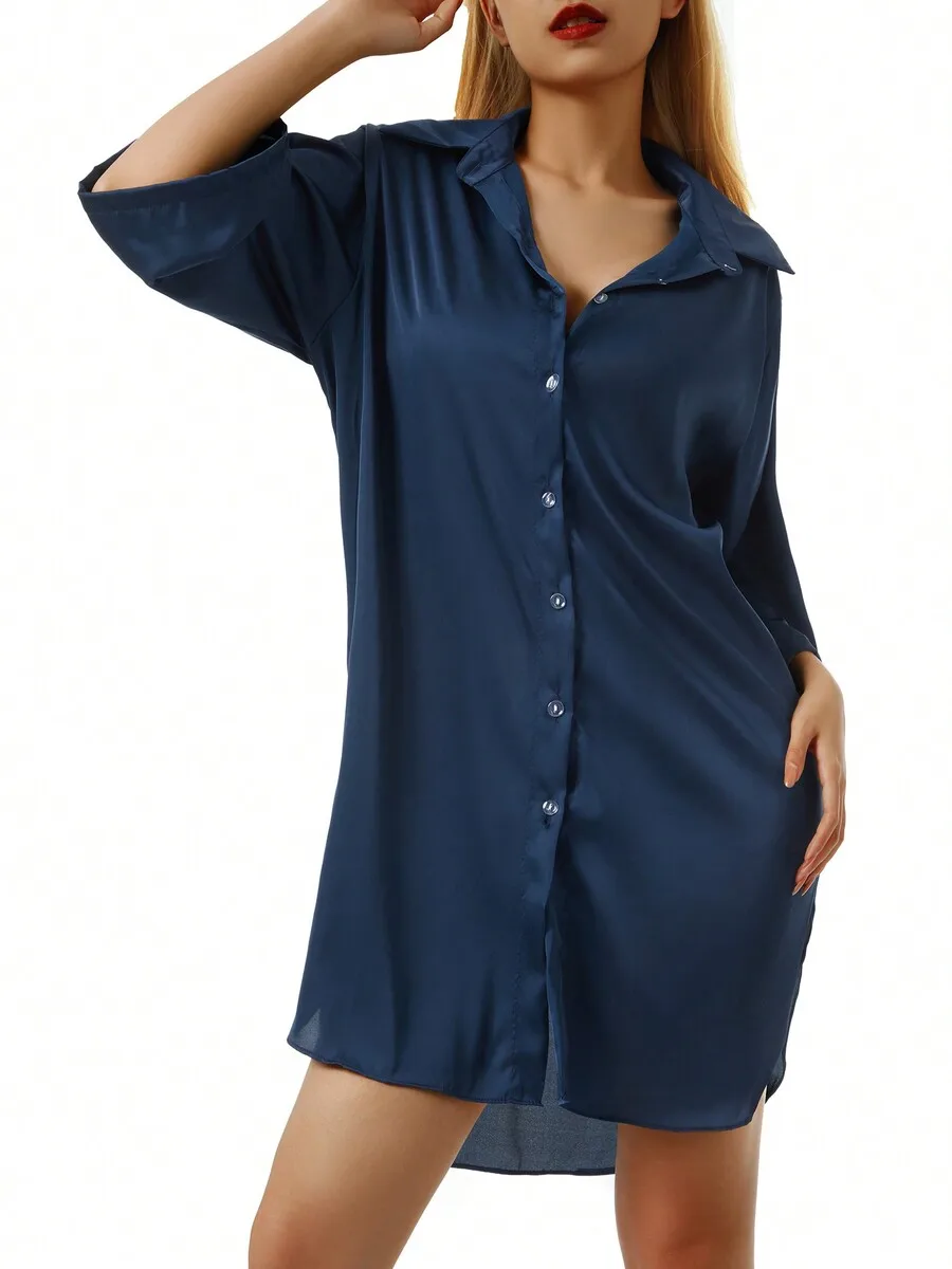 

Women Sleep Top Half Sleeve Loose Nightshirt Button Front Satin Sleepwear For Home Lounge