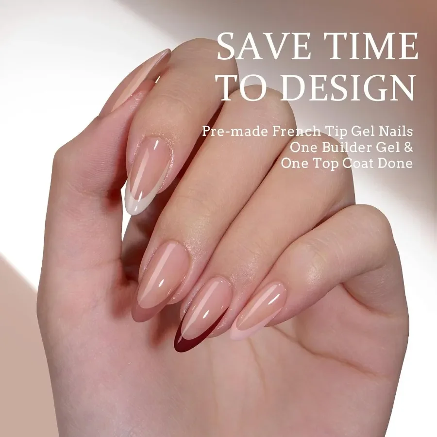 秋のプレスオンネイル、ミディアムアーモンドシェイプ、フレンチチップ、ソフトジェル仕上げ、肌色のフェイクネイル、簡単ソーキングオフ