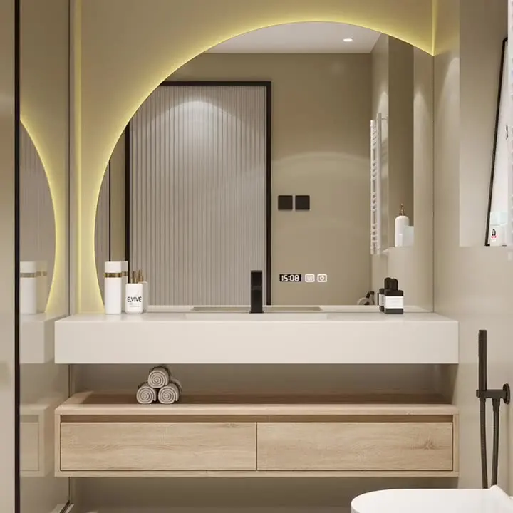 Minimalist light luxury rock slab integrated basin bathroom cabinet combination of solid wood sink wash table bathroom