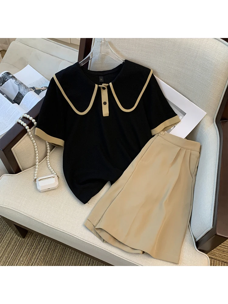 2023 Summer Casual Patchwork Two-piece Set Women Short Sleeve Peter pan Collar Top + Shorts Vintage 2 Piece Shorts Set Outfits