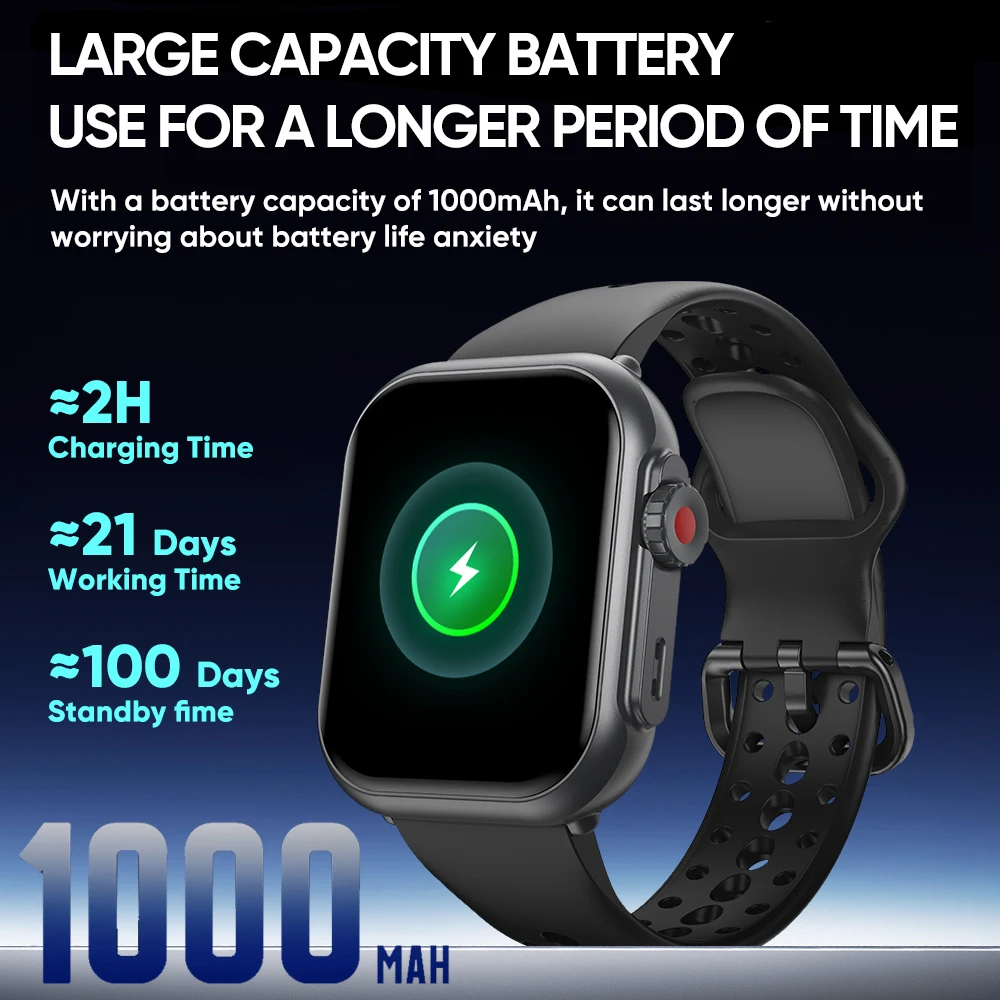 Nowy 1000mAh Długi czas pracy baterii 1,85 cala W pełni dotykowy smartwatch dla mężczyzn Kobiety Fitness Sport Bluetooth Połączenie Wodoodporny inteligentny zegarek