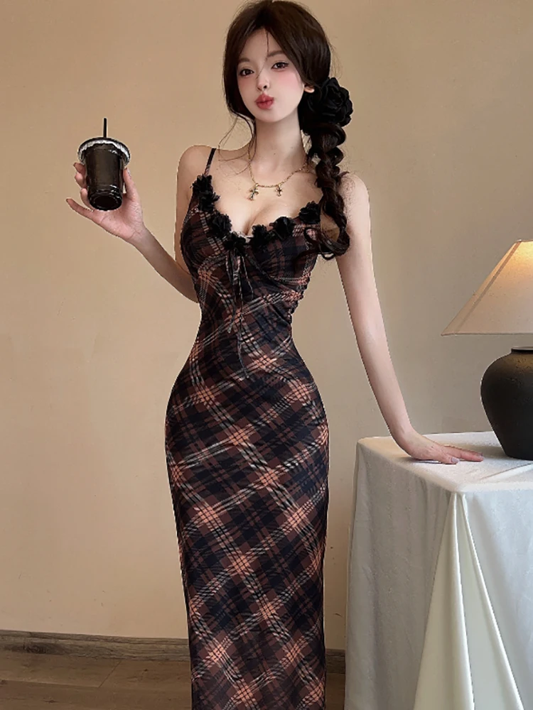 2025 noir Plaid maille Chic nœud col en v Sexy fronde robe femmes élégant luxe longue robe été coréen Vintage moulante robe de soirée