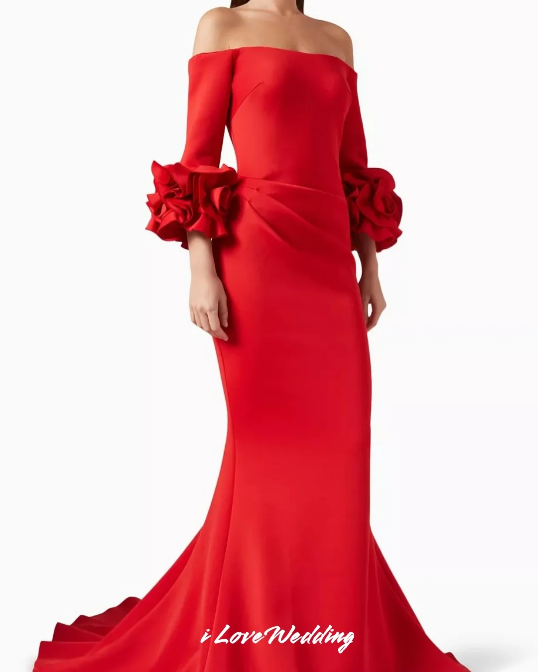 فستان سهرة أحمر بدون حمالات 2025 ساتان بدون أكتاف 3/4 كم زهرة حورية البحر طول الأرض سويب تراين فستان مطوي حسب الطلب