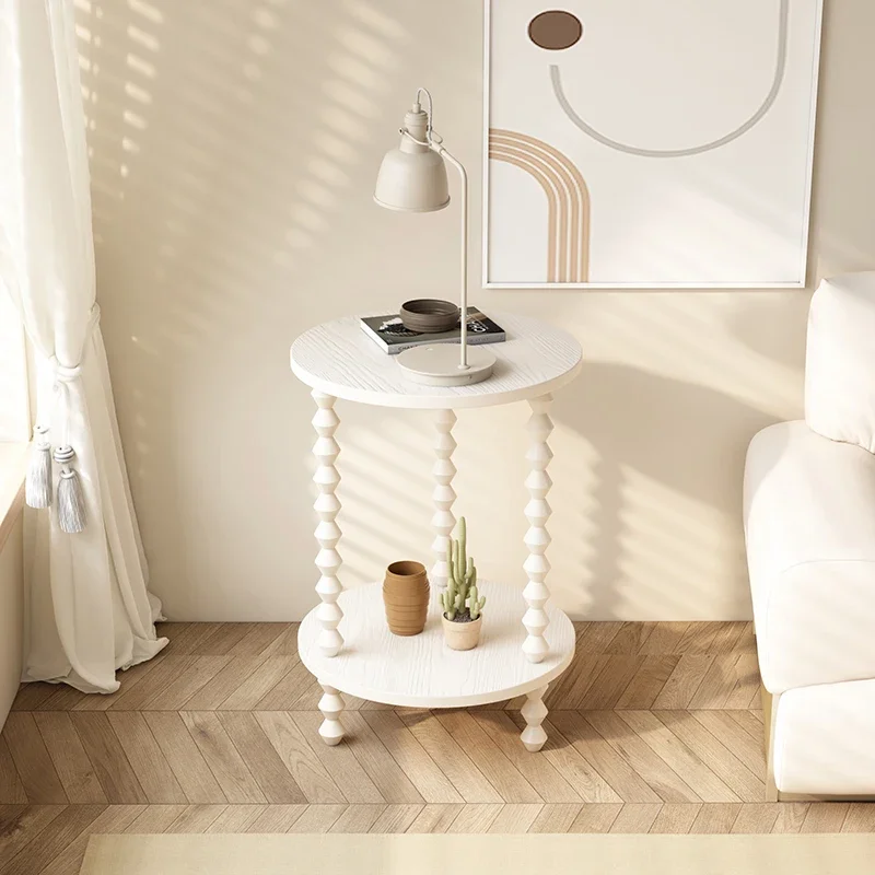 

Vintage Solid Wood Round Side Table Sofa End Table Cream Style Flower Stand Retro Living Room Display Shelf