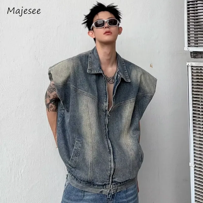 Denim Vest Men American High Street All-match Outwear Designed Streetwear Teens Cool Hipster Coats Korean Fashion Baggy Clothing