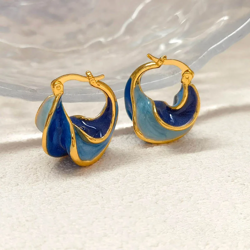 Korean Twisted Geometric Enamel Hoop Earring for Women Fashion Contrast Color Blue Geometric Earring Party Jewelry Gifts