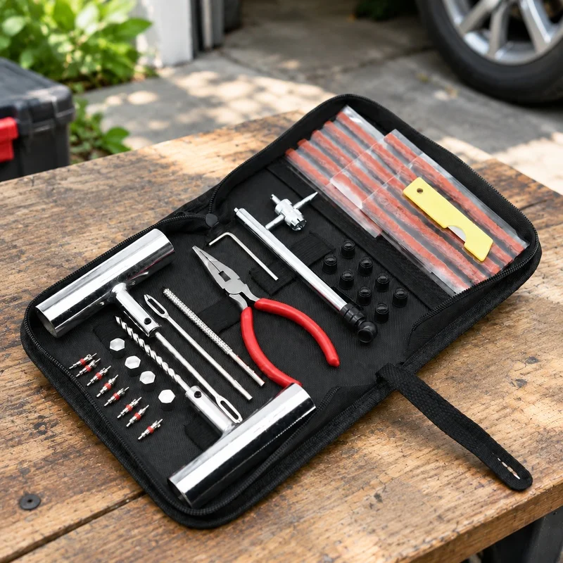 Comprehensive Auto and Bicycle Tire Repair Set with Stud Tools and Plugs, Available in 24, 46, and 62 Piece Kits