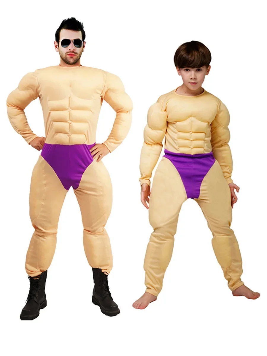 

New Style Funny muscle man Cosplay Strong jumpsuit Costume Halloween for Kid adult strong man