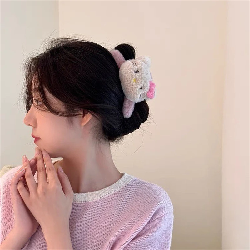 Sanrio Hello Kitty Plush Hair Clips Cute Anime Cartoon Women Fashion Bow Bundled Hair Hair Accessories Shark Clip Holiday Gifts