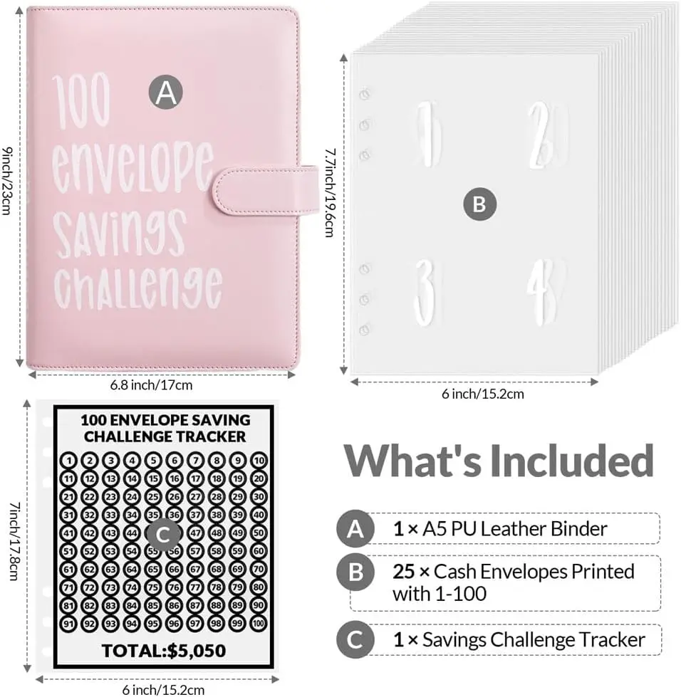 A5 100 Envelope Challenge Binder Money Saving Binder, Easy and Fun Way to Save $5,050, Budget Planner Savings Challenge Book ﻿