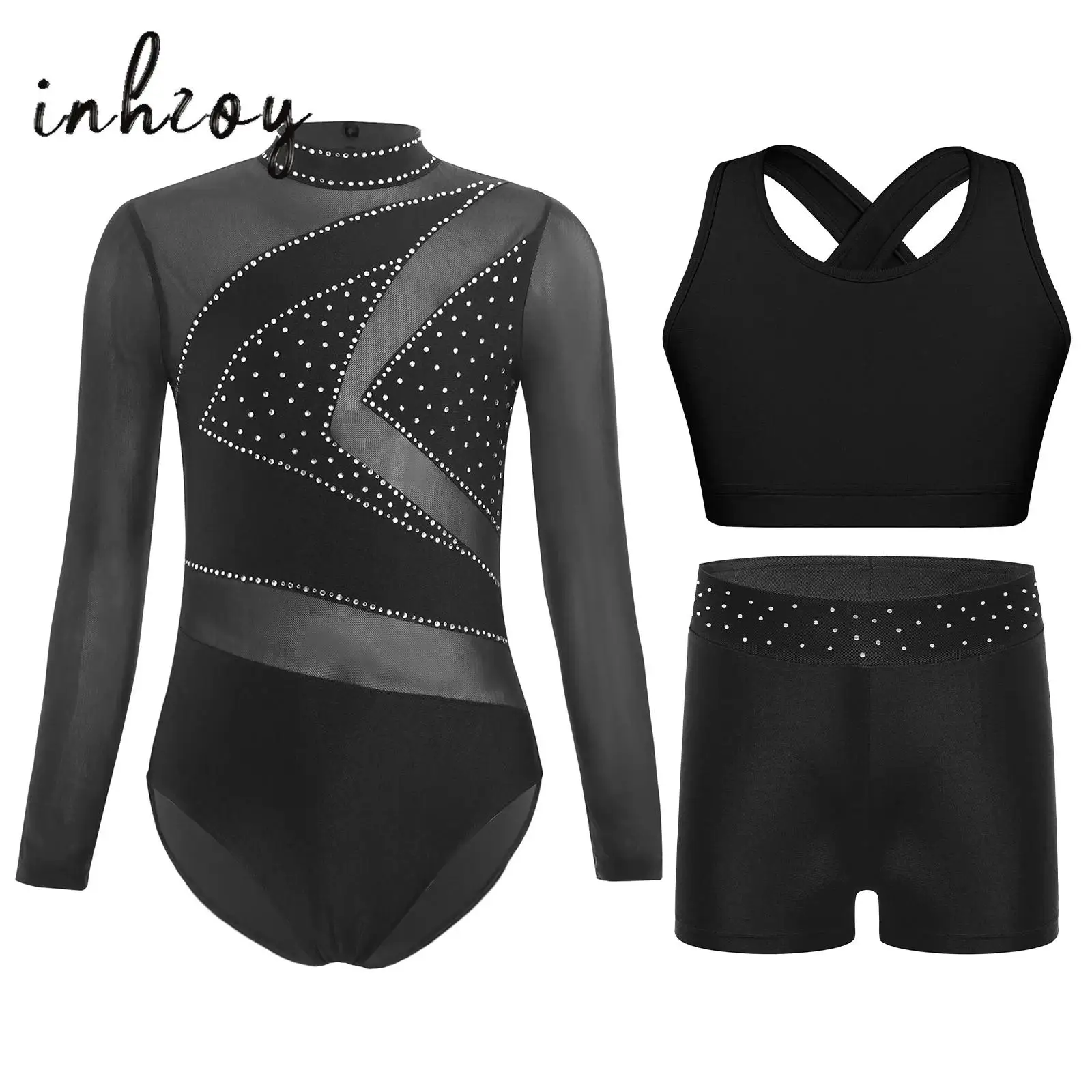 

3Pcs/Set Kids Girls Gymnastics Figure Skating Costume Sheer Mesh Long Sleeve Leotard+Vest Crop Top+Shorts for Dance Performance