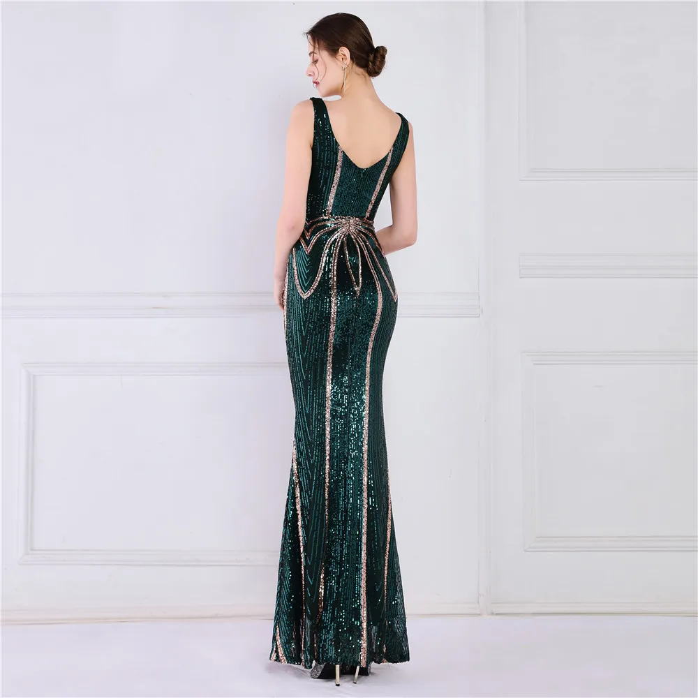 Vestido de noite formal longo brilhante de lantejoulas feminino, Decote V, até o chão, Elástico, Vestidos de festa, Verde escuro, Em estoque, 2023