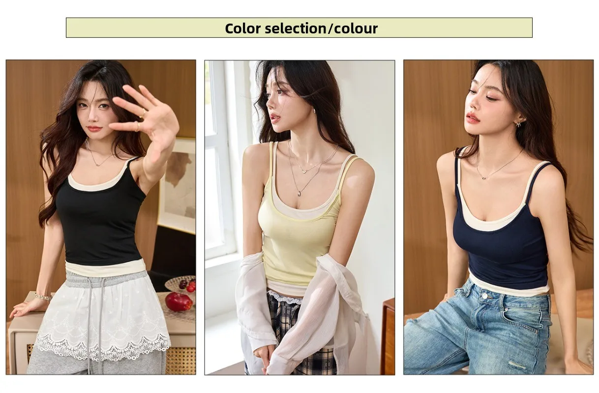 フェイクツーピースデザイン、対照的なカラーキャミソールベスト、女性の夏の新しいスタイル、スタイリッシュでファッショナブルです。