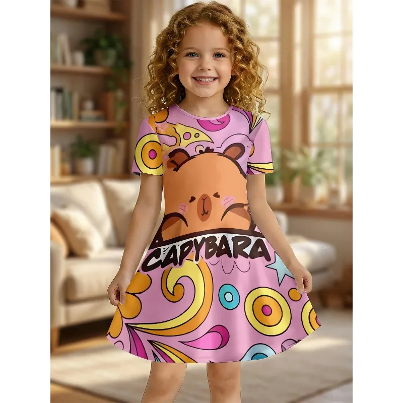 New Girl's Dolphin Printed T-shirt Dress, Cute Pink Whirlpool Casual Dress, Suitable for Animal Enthusiasts' Birthday Gifts