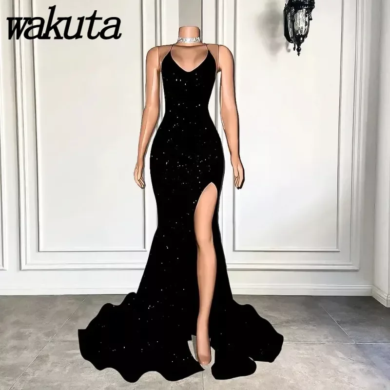 Wakuta Sparkly Mermaid Style Prom Dress Sexy High Slit Sequined Girl Backless Evening Gowns Graduation Ceremony Vestidos 2024