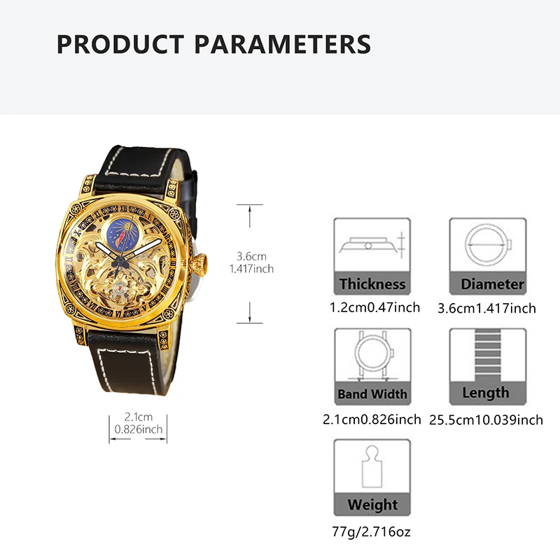 ساعة ميكانيكية أوتوماتيكية بمؤشر الشمس والقمر وحزام جلد أسود للرجال