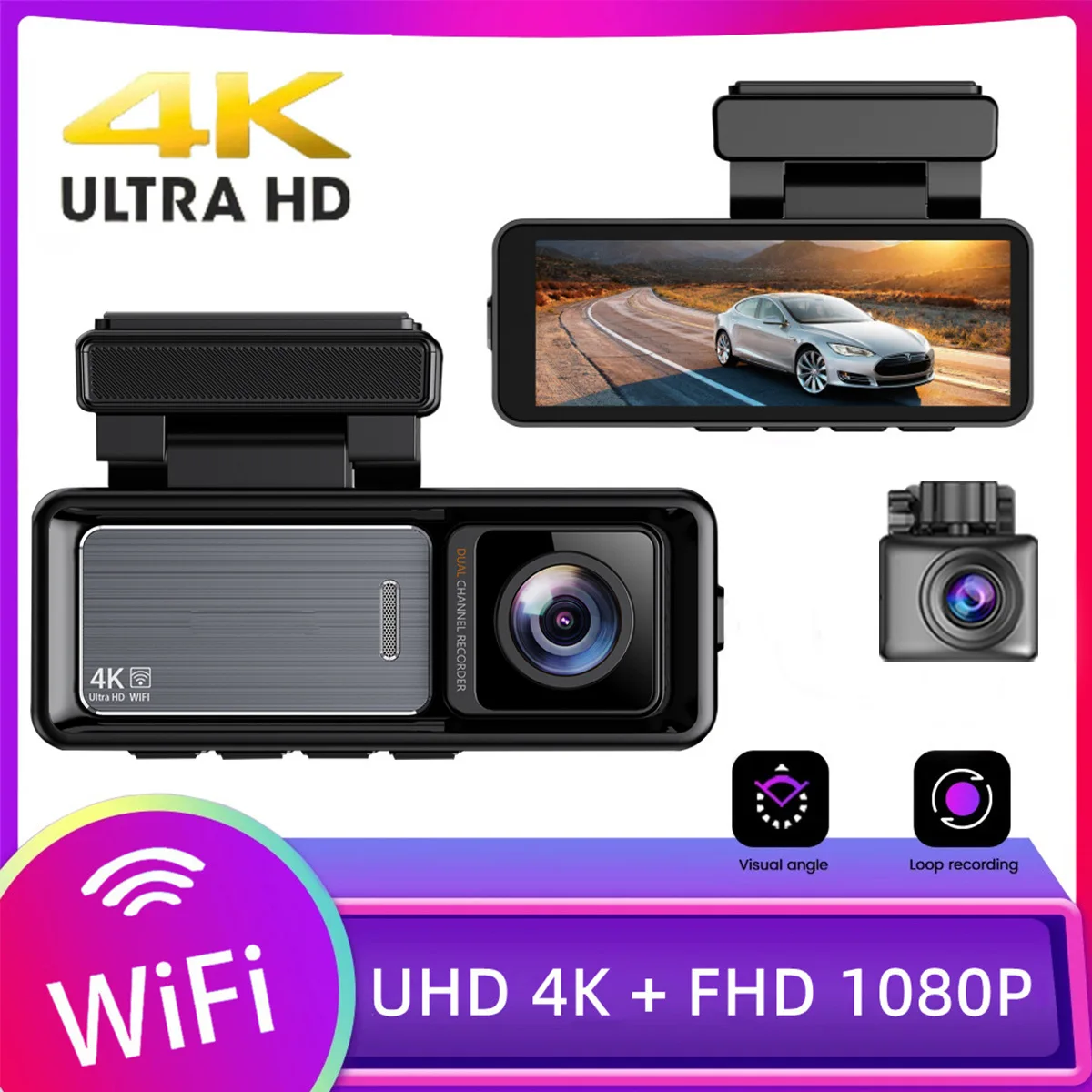 

Car DVR 4K front and rear dual recording, high-definition night vision, WIFI connectivity, parking monitoring recorder