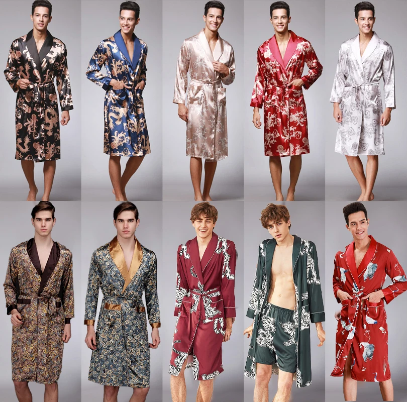 Traditional Japanese KIMONO Fashion YUKATA Oriental Gold Dragons Pattern Bathrobe Summer Men Ice Silk Robes Pajamas  Sleepwear