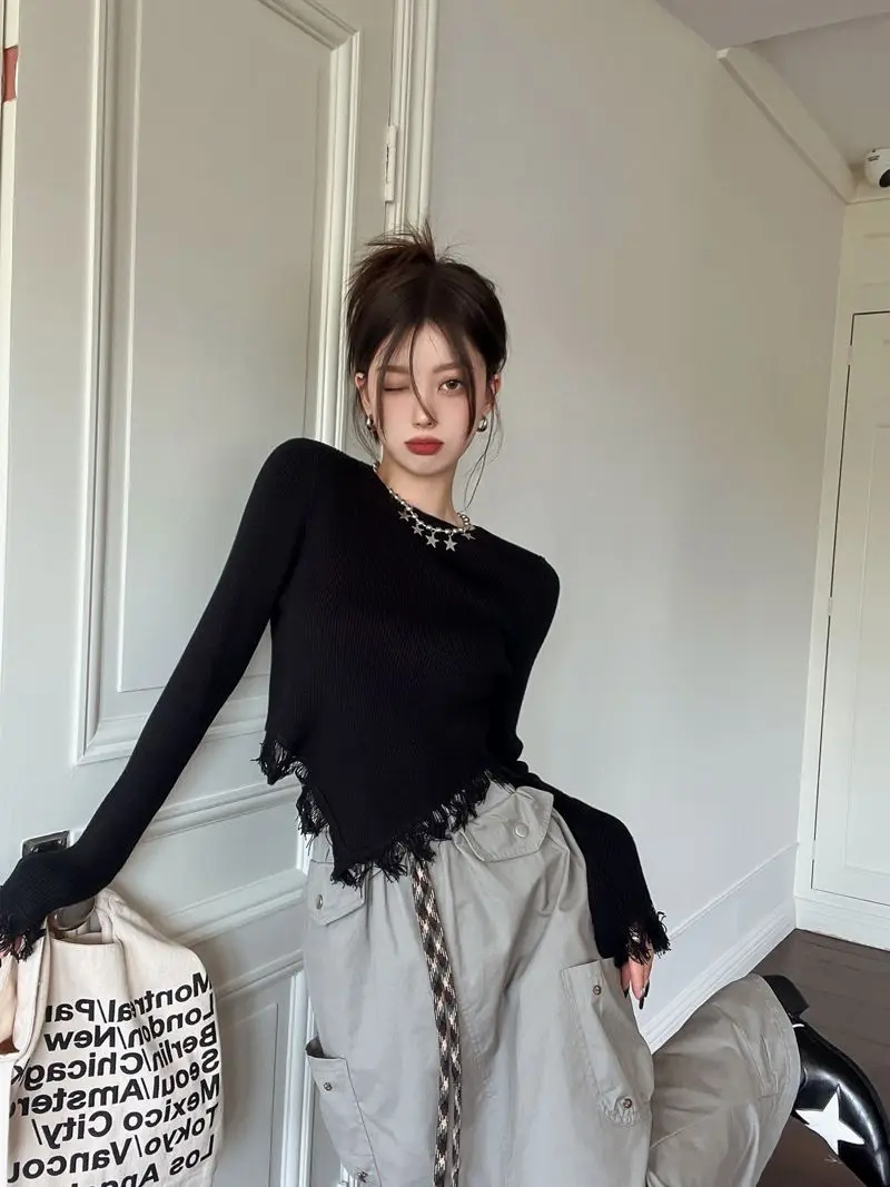 Spring Autumn New Style Tassel Irregular Long Sleeve T-shirt for Women Spicy Girl Pure Desire Style Tailored and SlimTrendy