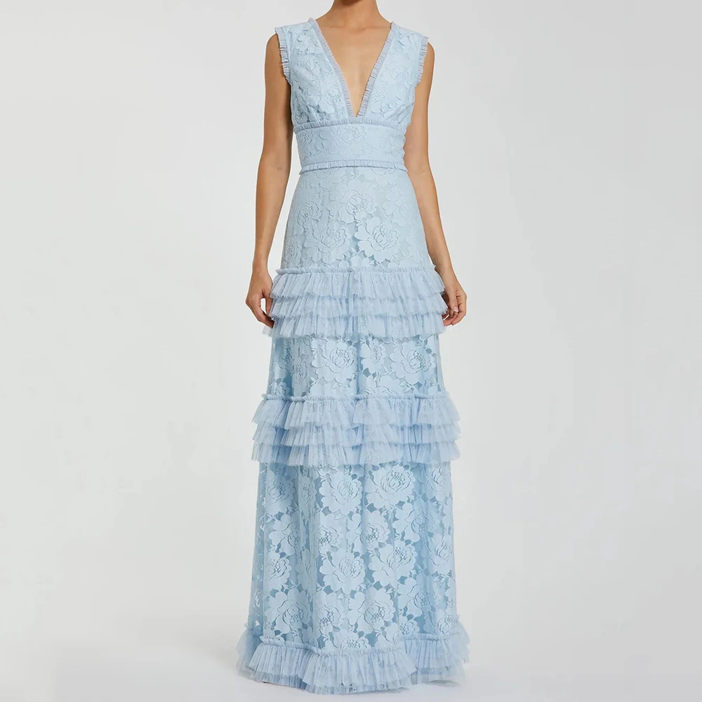 

Women's A-line Evening Dresses Floor-length V-neck Sleeveless Prom Gown Fashion Lace Ruched Simple Draped Customized Gowns