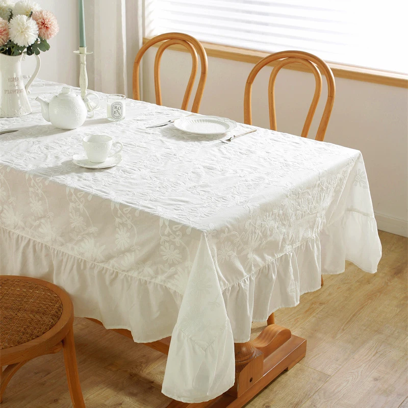 All Cotton Table Cloth Floral Embroidery Pattern Water And Oil Proof French Style Lotus Skirt Dining Table Decorative Tablecloth