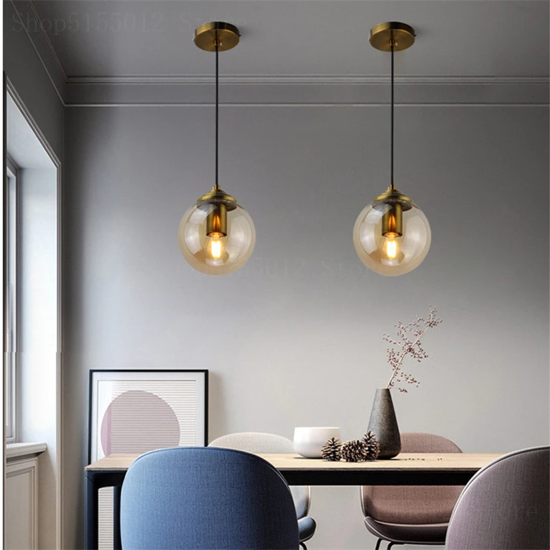 Lámpara colgante de cristal gris ahumado para comedor, iluminación de decoración de dormitorio, bola de cristal, E27