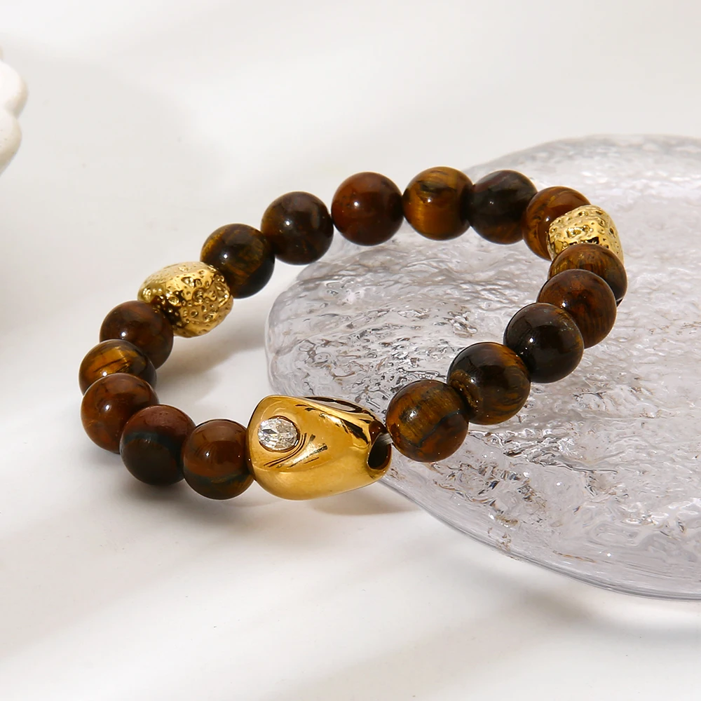 

Maillard Natural Stone 18K Gold Plated Stainless Steel Beadeds Bracelet Vintage Stackable Bangle for Women Warm-Toned Jewelry