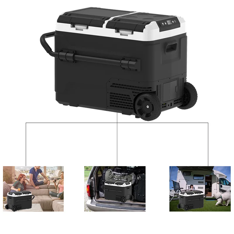 ثلاجة سيارة تعمل بالطاقة الشمسية سعة 60 لتر، فريزر صغير محمول بدرجة حرارة مزدوجة للتخييم في الهواء الطلق