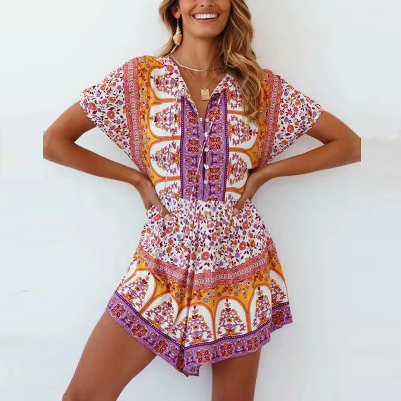 

TEELYNN Boho Beach Short Sleeve Summer Playsuits For Women 2022 Vintage Floral Print Rayon Rompers Bohemian Loose jumpsuits