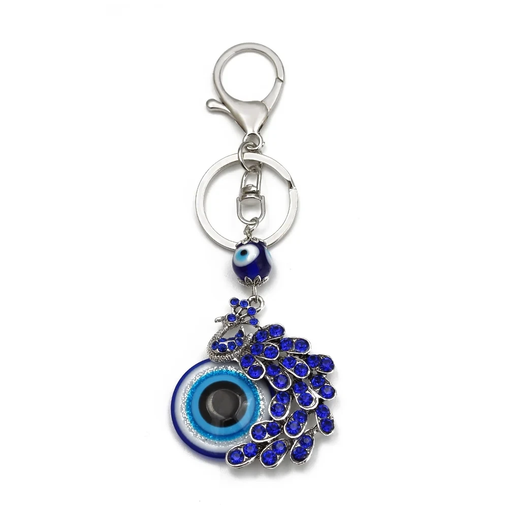 Mode blau Kristall Pfau Schlüssel anhänger Schlüssel ring Legierung Schlüssel anhänger Halter bösen Blick Glas Perlen Tasche Schmuck Geschenk Geldbörse Tasche Schmuck