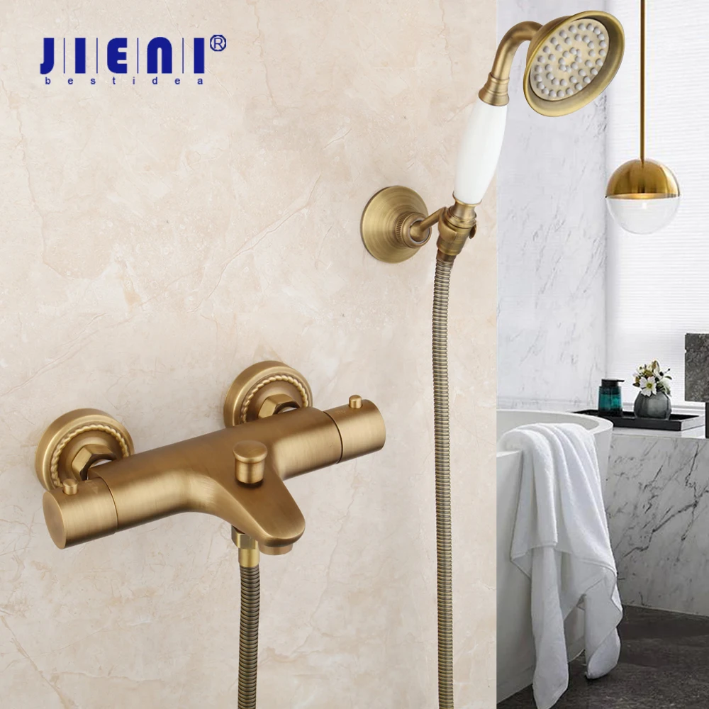 

JIENI Antique Brass Thermostatic Bathtub Faucets 2 Ways Shower Faucet Set Wall Mounted Mixer Taps W/ Hand Shower