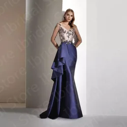 Classic Navy Blue Mother of the Bride Dress 2023 V Neckline  Dresses 3/4 Sleeves Wedding Party Gowns Beading Florals