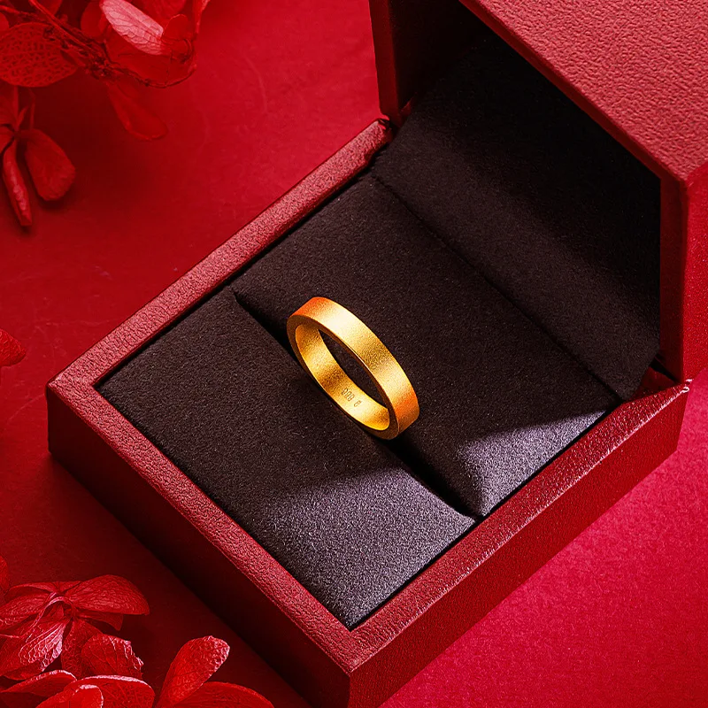 Men's and Women's 9999 24K Real Gold Antique Inheritance Couple Plain Ring Sandblasting Safe Closed Rings