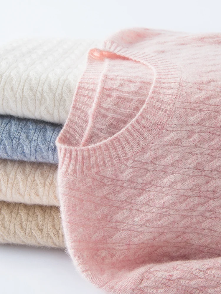 

TLOML New Women 100% Cashmere Sweater O-neck Cable Knitting Solid Pullover Cashmere Knitwear Autumn Winter Soft Warm Basics Tops
