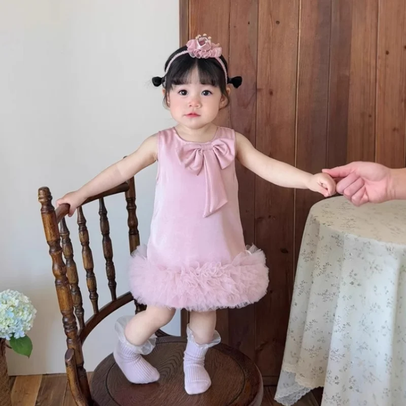 

2025 New Girls Cute Birthday Party Pink Princess Gown Chidlren Fashion Bow Sleeveless Wedding Dress y1595